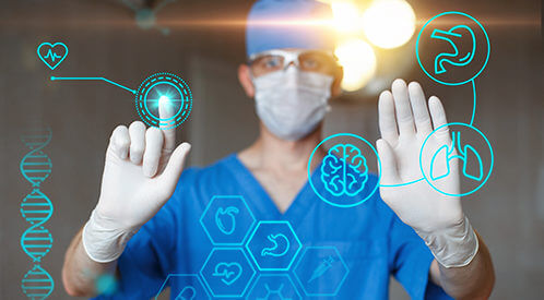 Doctor in blue uniform touch display with infographics. Doctor clicking on machine learning AI items on glass