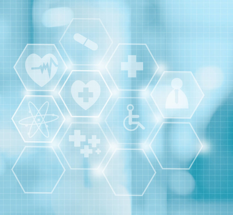medical infographic and patient and doctor at hospital or clinic blurry background