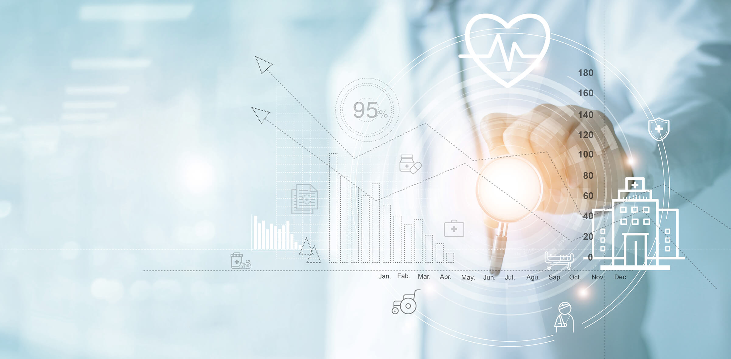 Health Insurance, Healthcare business graph and Medical examination, Doctor with stethoscope pointing at business data growth chart ,Medical and medicine business on hospital background.