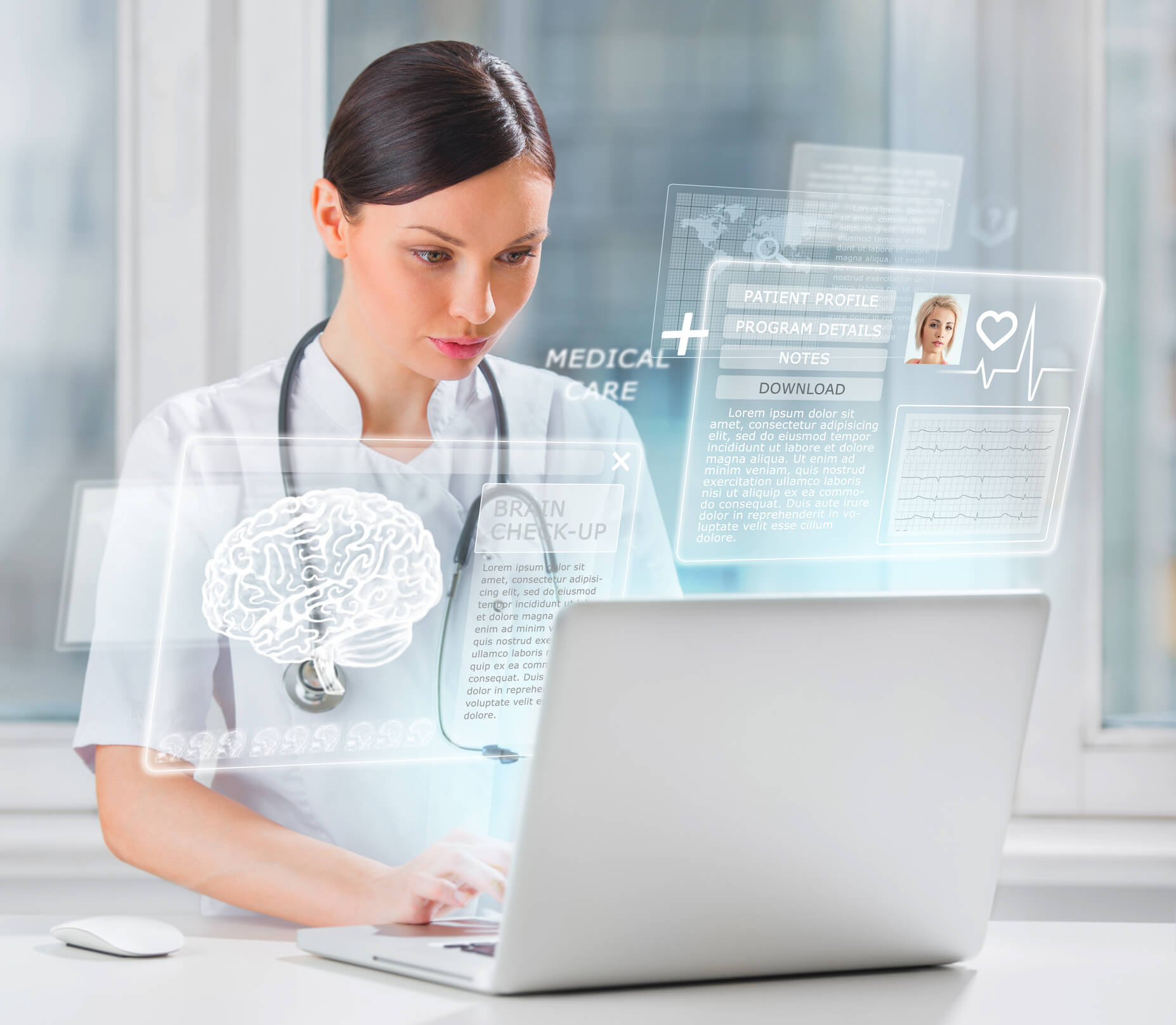 Female doctor scanning brain of patient